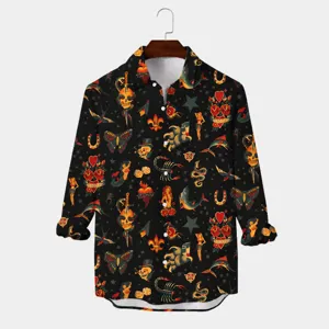 Chemise Hawaïenne Vintage Tattoo Flash Print Homme Manches Longues Polyester Button Down Casual Streetwear Top Mode Printemps Automne