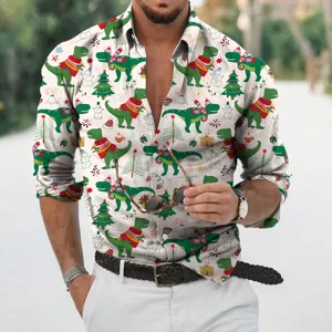 Men's Christmas dinosaur print long sleeve casual button down shirt for holiday parties.