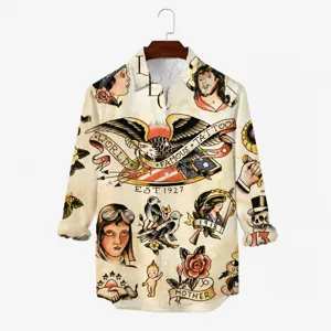 Heren Mode Retro 3D Print Hawaii Overhemd Lange Mouw Polyester Knoopsluiting Top Vintage Tatoeagestijl Casual Streetwear Overhemd
