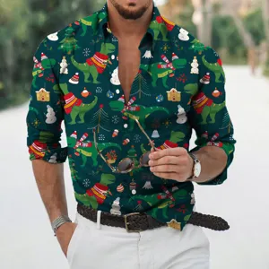 Men's Christmas Dinosaur Print Long Sleeve Shirt Casual Button Down Holiday Party Top