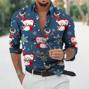 Men's Christmas long sleeve casual shirt featuring festive snowman and reindeer 3D prints for holiday.