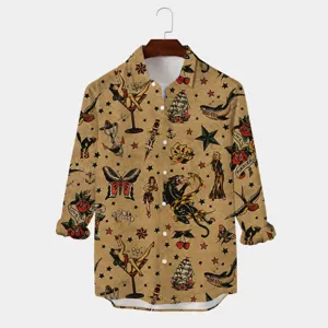 Chemise à manches longues imprimé tatouage old school vintage pour hommes haut décontracté