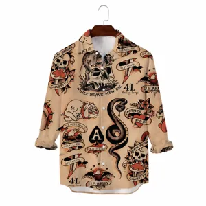 Heren vintage tattoo print lange mouw overhemd, casual 3D grafische mode top voor heren.