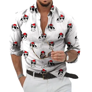 Men Christmas Long Sleeve Casual Shirt 3D Printed French Bulldog Dinosaur Snowman Turn-Down Collar Fashion Streetwear Top
