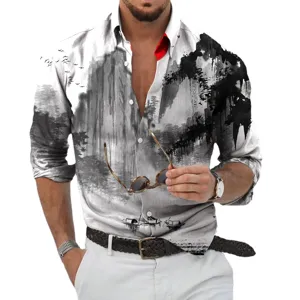 Camicia casual da uomo a manica lunga con stampa paesaggio inchiostro, stile d'arte cinese vintage.