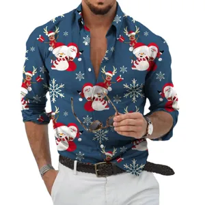 Men's Christmas long sleeve button-down shirt with festive snowman print casual top.