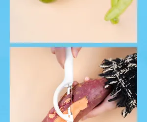 Detailaufnahme der Edelstahl-Schälklinge beim effizienten Schälen von Obst und Gemüse.
