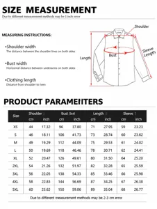 Men long sleeve shirt size chart guide measurement table with detailed sizing data in cm and inch.