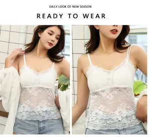 Close-up detail view of elegant white lace camisole featuring double straps and chest pad.