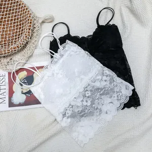 Versatile long lace camisole with built-in chest pad, anti-peek backless bra top for women.