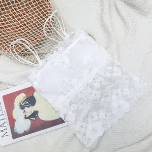 White lace camisole bralette with built-in chest pads, elegant floral long tube top.