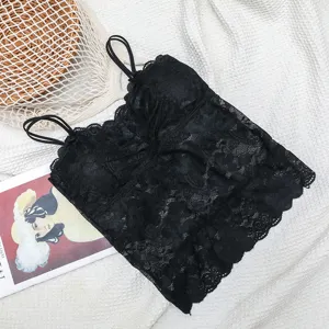 Black lace camisole long bralette built-in pads anti-glare sling vest top flat lay view
