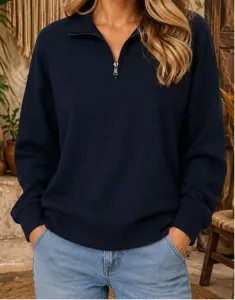 Close-up detail view of women's stylish navy blue quarter-zip long sleeve pullover sweatshirt.