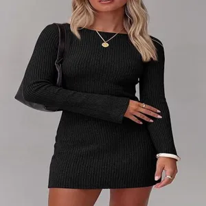 Black ribbed knit long sleeve bodycon dress, elegant slim fit mini dress for women.