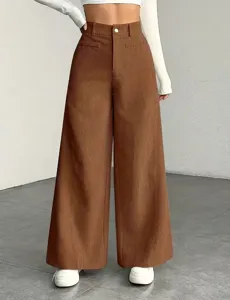 Dames ribfluwelen broek hoge taille wijde pijpen casual effen losse lange broek