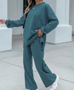 Dark green striped knit lounge set featuring a long sleeve top and matching pants for women.