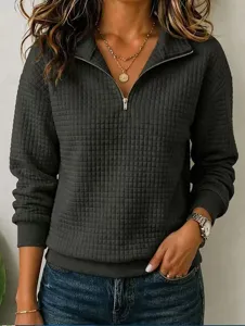 Women casual solid color waffle half-zip long sleeve sweatshirt with v-neck and stylish design.