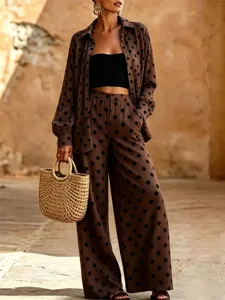 Ensemble deux pieces chemise manches longues et pantalon large pois femme chic mode.
