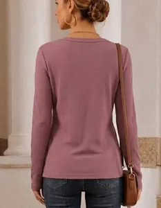 T-shirt manica lunga in tessuto waffle da donna, top casual tinta unita con scollo rotondo.