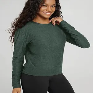 Women solid color crewneck long sleeve top athletic slim fit casual yoga activewear shirt