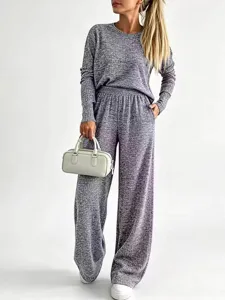 Women's casual knit two piece set, long sleeve top and wide leg trousers in grey marl.