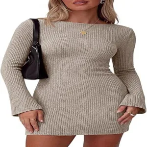 Women long sleeve ribbed knit bodycon mini dress autumn casual slim fit fashion apparel