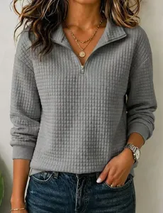 Casual waffle knit half zip sweatshirt for women long sleeve solid color pullover top stylish