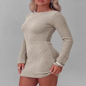 Detail view of the elegant ribbed knit bodycon dress, featuring long sleeves and slim fit.