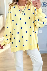 Casual autumn women loose polka dot long sleeve sweatshirt featuring cute blue dots and stylish crew neck.
