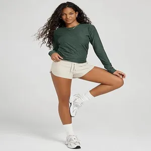 Women's long sleeve solid color round neck slim fit casual sports yoga top daily wear.