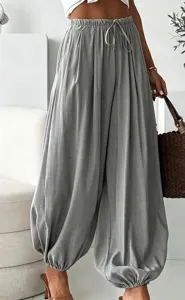 Pantalon lanterne ample gris avec cordon pour femme, pantalon de loisirs confortable.