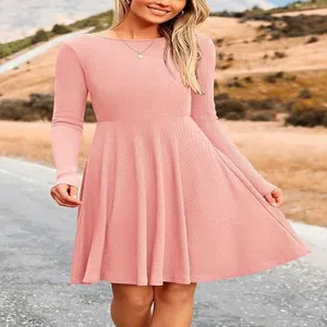 Women's long sleeve round neck solid color casual mini dress in pink for autumn season fashion