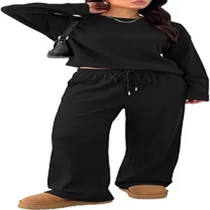 Women casual black long sleeve sweatshirt and wide leg pants knit tracksuit outfit set.