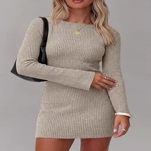 Women long sleeve ribbed knit dress slim fit casual solid color mini dress fashion