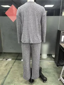 Detail view of women gray ribbed knit long sleeve top and pants set back angle showcase.