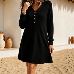 Women Ribbed Knit V-Neck Midi Dress Long Sleeve Button Front Casual Loose Solid Color Polyester Dress Autumn Winter