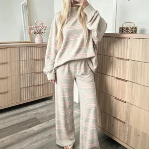 Casual striped loungewear set for women, cozy long sleeve top and wide leg pants.