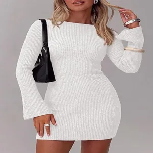 Close-up view of white ribbed knit bodycon dress long sleeves elegant autumn outfit