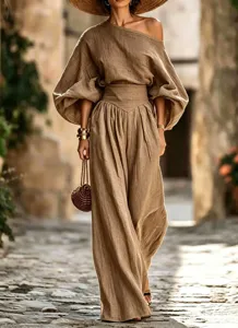 Linen off-shoulder top and high-waisted wide-leg pants set for women fashion chic.