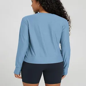Back view detail of women solid long sleeve crewneck top casual slim athletic shirt wear