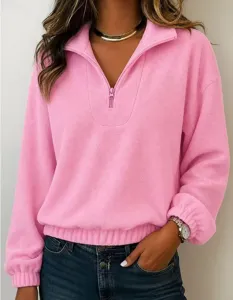 Pink fleece quarter-zip sweatshirt for women, cozy long sleeve pullover top with casual lapel.