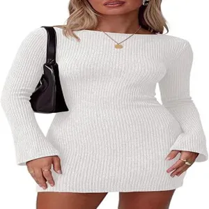 Close-up of white ribbed knit dress detail, long sleeve slim fit texture fabric design