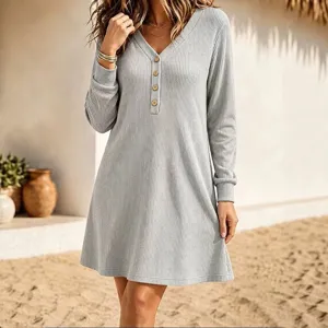 Grey ribbed knit long sleeve V-neck mini dress with buttons, casual style main product view.