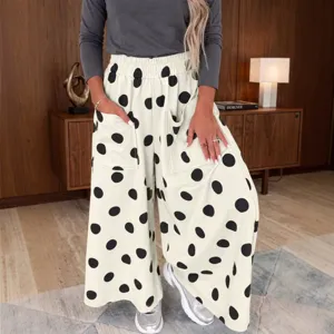 Women Casual Polka Dot Wide Leg Pants Loose High Elastic Waist Trousers With Pockets Printed Soft Polyester Autumn Fashion Bottoms