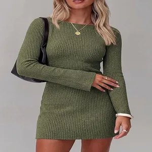 Green ribbed knit long sleeve bodycon dress detail view, soft autumn winter fabric design.