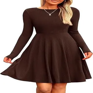 Women solid color long sleeve round neck flare dress elegant autumn casual knitted dress