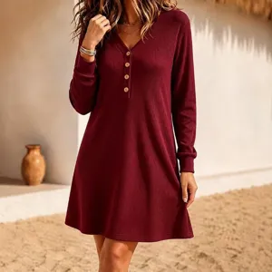 Women Long Sleeve V-Neck Ribbed Knit Dress Casual Button Solid Color Mini Dress