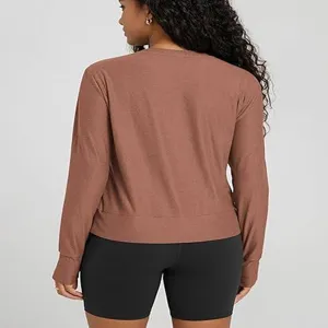 Women solid color long sleeve round neck casual yoga top slim fit activewear brown shirt