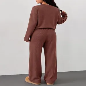 Women's two piece set long sleeve crewneck top casual elastic waist wide leg pants