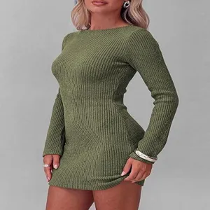 Women's long sleeve ribbed knit bodycon mini dress autumn winter slim fit casual wear